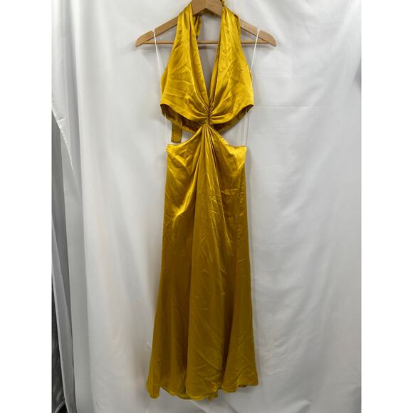 Reformation 100% Silk Mustard Yellow Halter Neck Cut Out Nerida Maxi Dress Gown - Picture 4 of 11